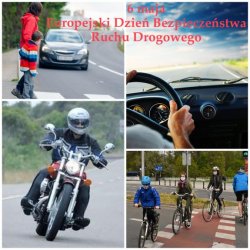 plakat na którym znajdują się sytuacje dotyczące ruchu drogowego tj. motocykliści kierujący itp.