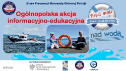 Plakat - Ogólnopolskiej akcji edukacyjno-informacyjnej.  Dzieci siedząc na pomoście. Motorówka na wodzie