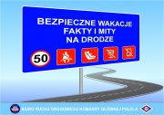 plakat z napisem&quot;Bezpieczne wakacje fakty i mity na drodze&quot;