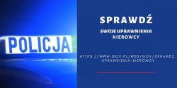 plakat na którym widniej napis policja o raz link na którym można sprawdzić uprawnienie kierowcy